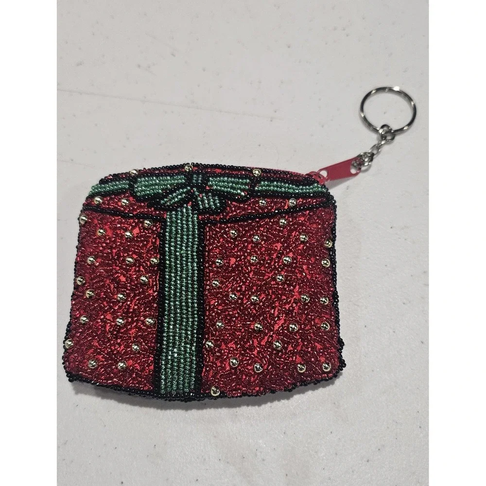 Beaded Christmas Present‎ Coin Purse Keychain Zip Pouch Red Green Holiday